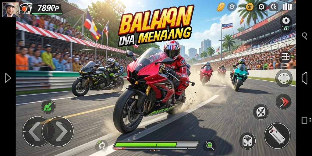 Screenshot gameplay 789RP menampilkan aksi balapan motor yang intens.