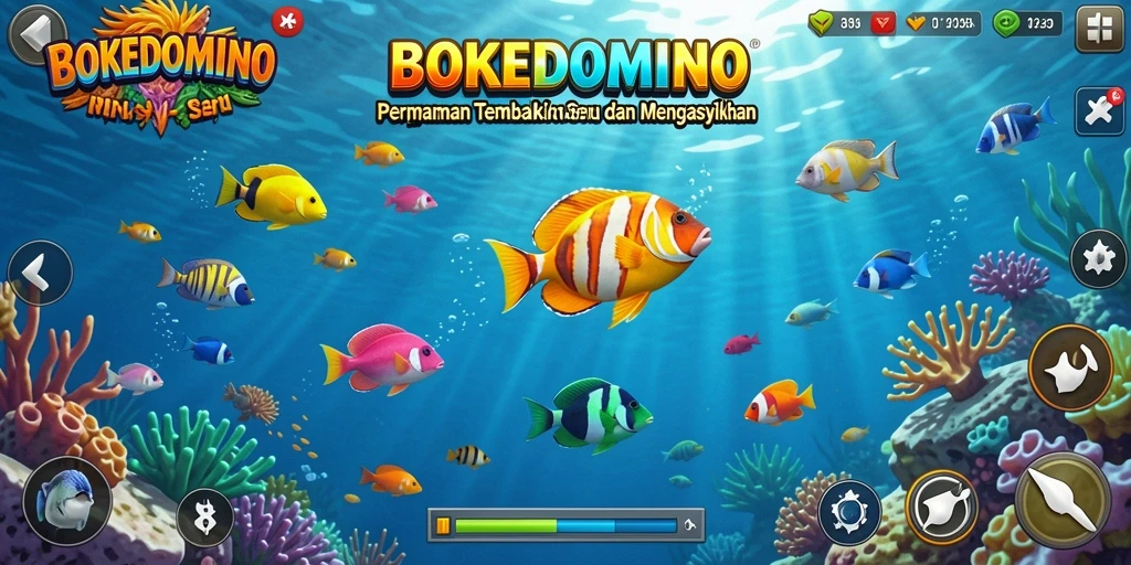 Tangkapan layar gameplay seru BOKEDOMINO menembak berbagai jenis ikan.
