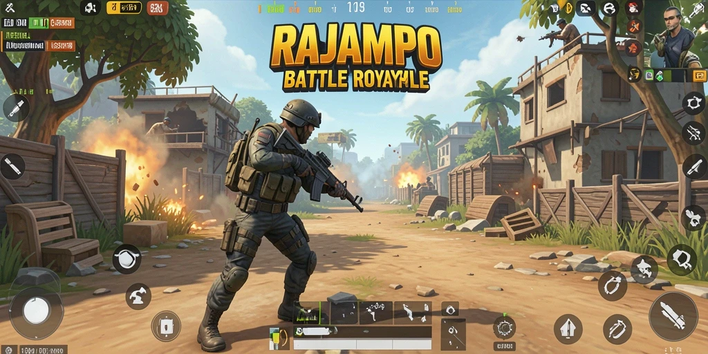 Gameplay seru di RAJAMPO dengan aksi pertempuran Battle Royale.