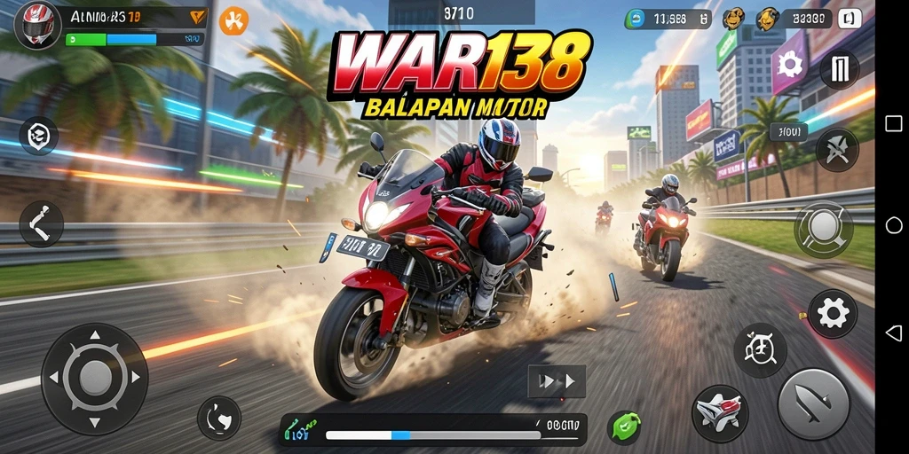 Tampilan utama gameplay <strong>WAR138</strong> yang penuh aksi balapan motor.